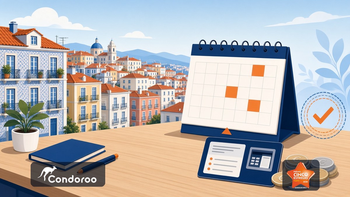 Calendário de pagamento do IMI com prédios portugueses ao fundo, moedas e confirmação de pagamento, com logos Condoroo e Cinco Estrelas