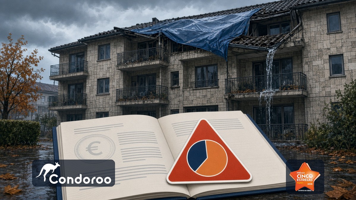 Subseguro no seguro do prédio: edifício com telhado danificado após temporal, apólice aberta e gráfico da proporção segura, com logos Condoroo e Cinco Estrelas