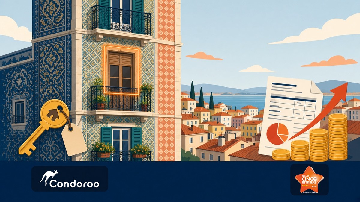 IMI agravado casa devoluta: prédio de azulejos em Lisboa com janela fechada destacada, chave de arrendamento, documento fiscal e moedas a subir, com os logos Condoroo e Cinco Estrelas