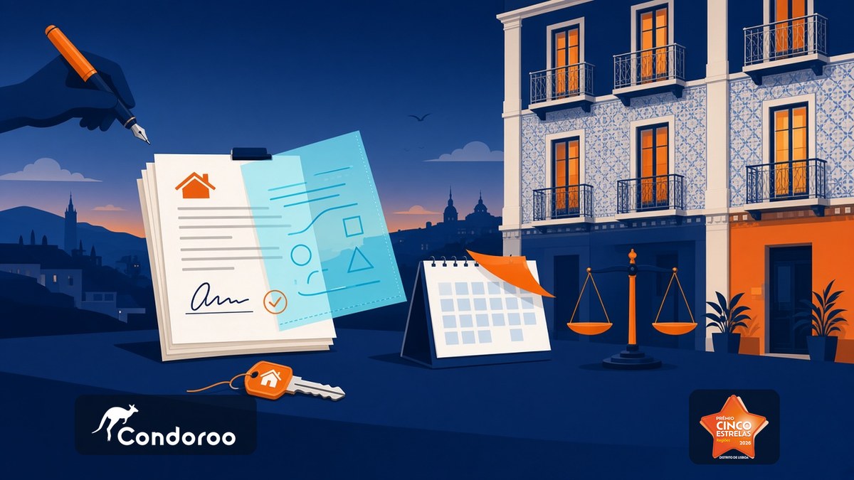 Nova lei das rendas: contrato de arrendamento com folha transparente de alterações, chave, calendário e balança, junto a prédio de azulejos em Lisboa, com os logos Condoroo e Cinco Estrelas