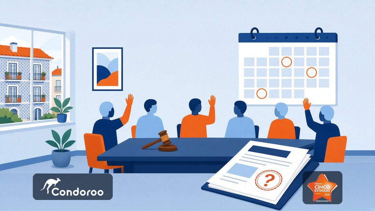 Impugnar deliberação assembleia condóminos: sala de assembleia de condomínio com mãos levantadas, ata, calendário com prazos assinalados e martelo de juiz, com os logos Condoroo e Cinco Estrelas