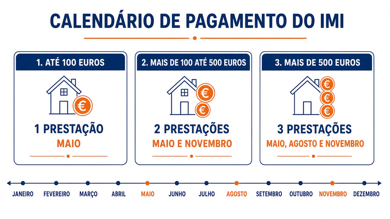 infografico imi calendario Quando se paga o IMI: prazos de 2026 e 2027, prestações e o que fazer se falhar Infográfico do calendário de pagamento do IMI: uma, duas ou três prestações em maio, agosto e novembro consoante o valor