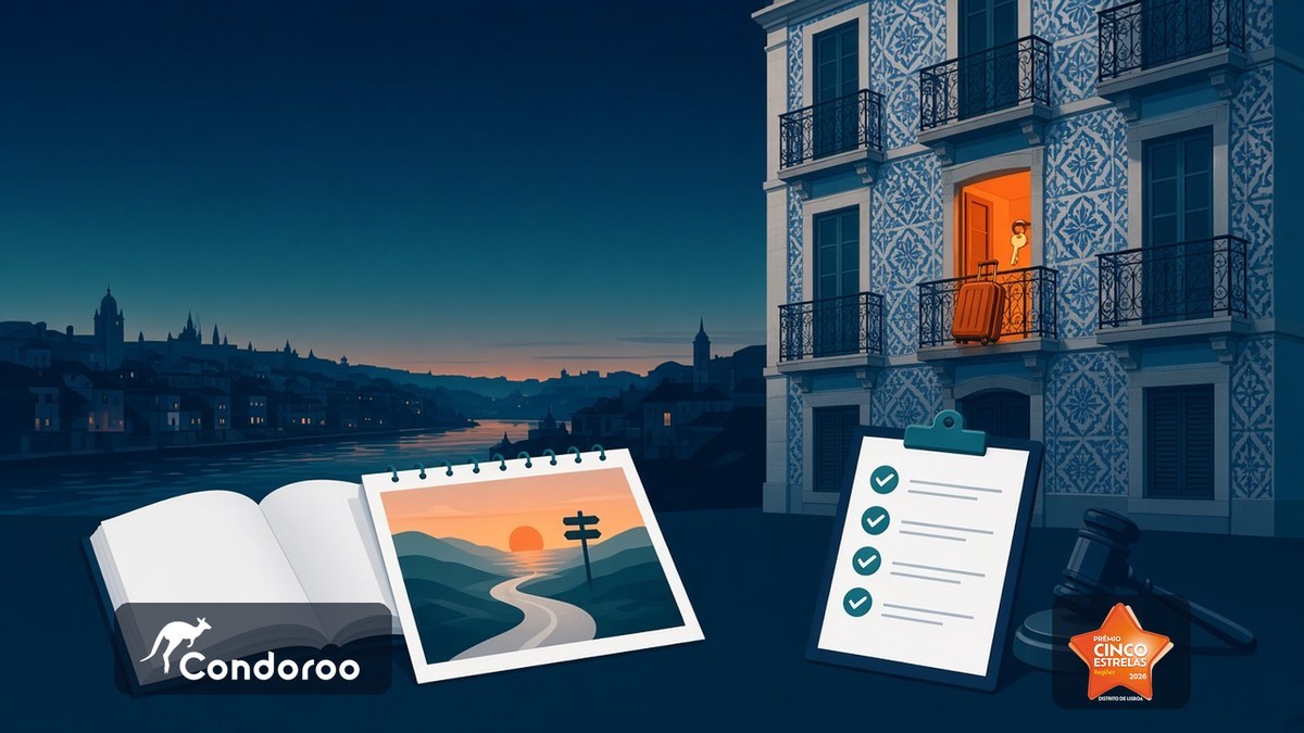 Short-term rentals in Portugal to 2035: tiled building with a unit used as Alojamento Local, white paper, checklist and gavel, with the Condoroo and Cinco Estrelas logos